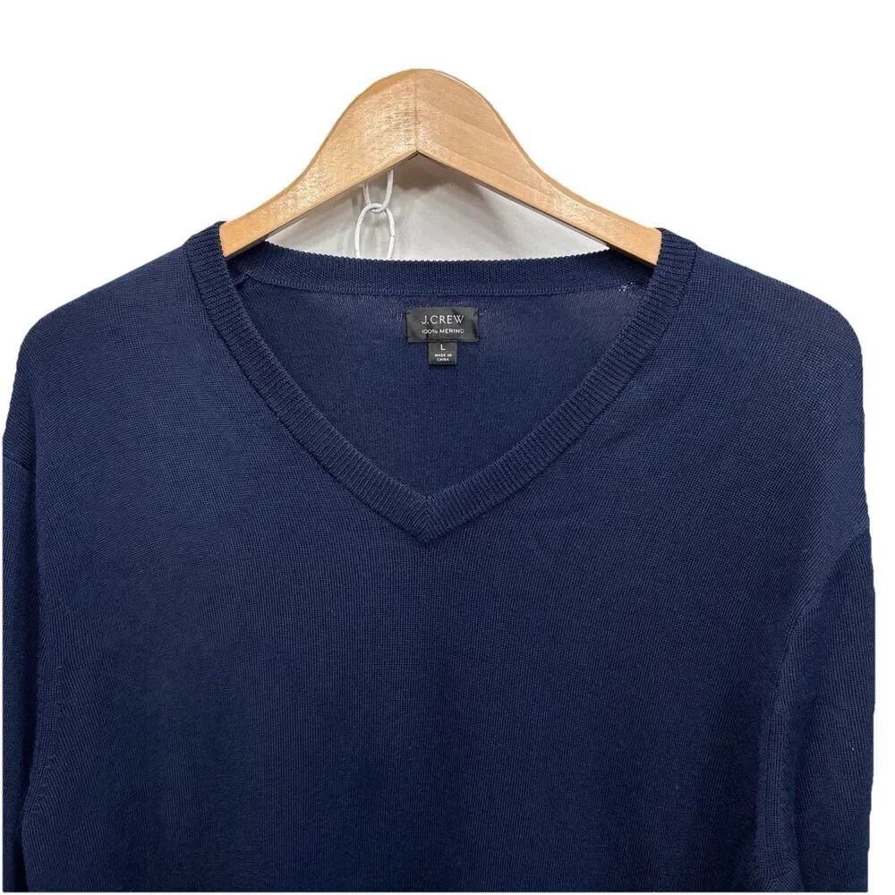 J. Crew Mens Large Merino Wool V-Neck Sweater Navy Blue Pullover Knit Preppy